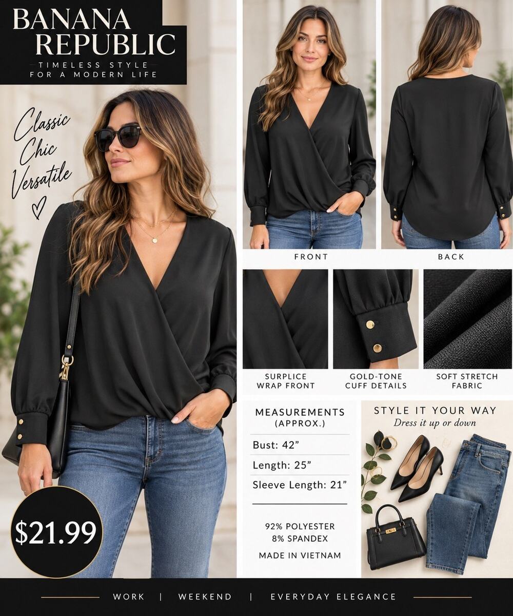 Banana Republic Women S Black Surplice Wrap Blouse Long Sleeve Gold Cuff Buttons